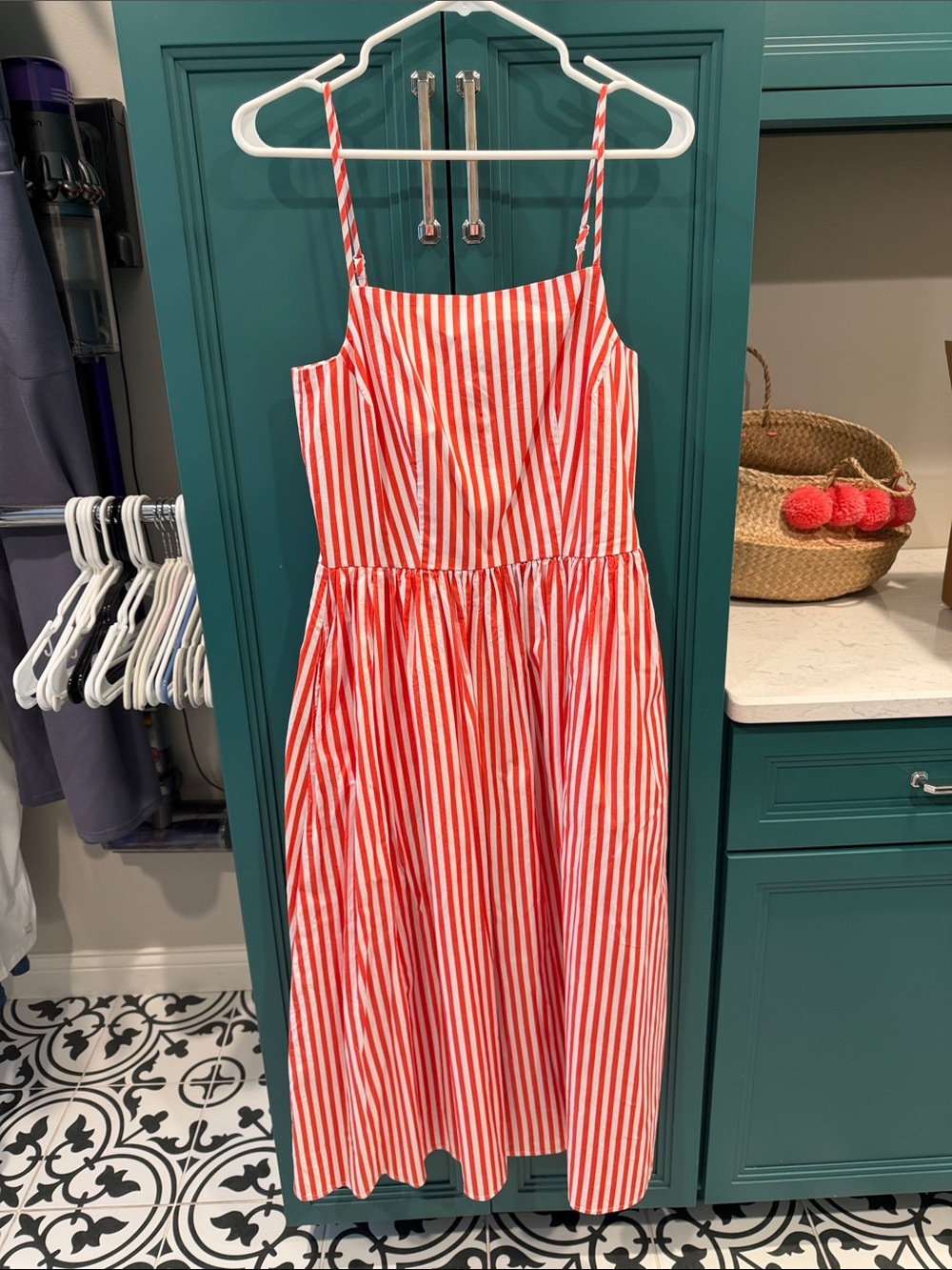 Red and White Striped Spaghetti Strap Midi Dress